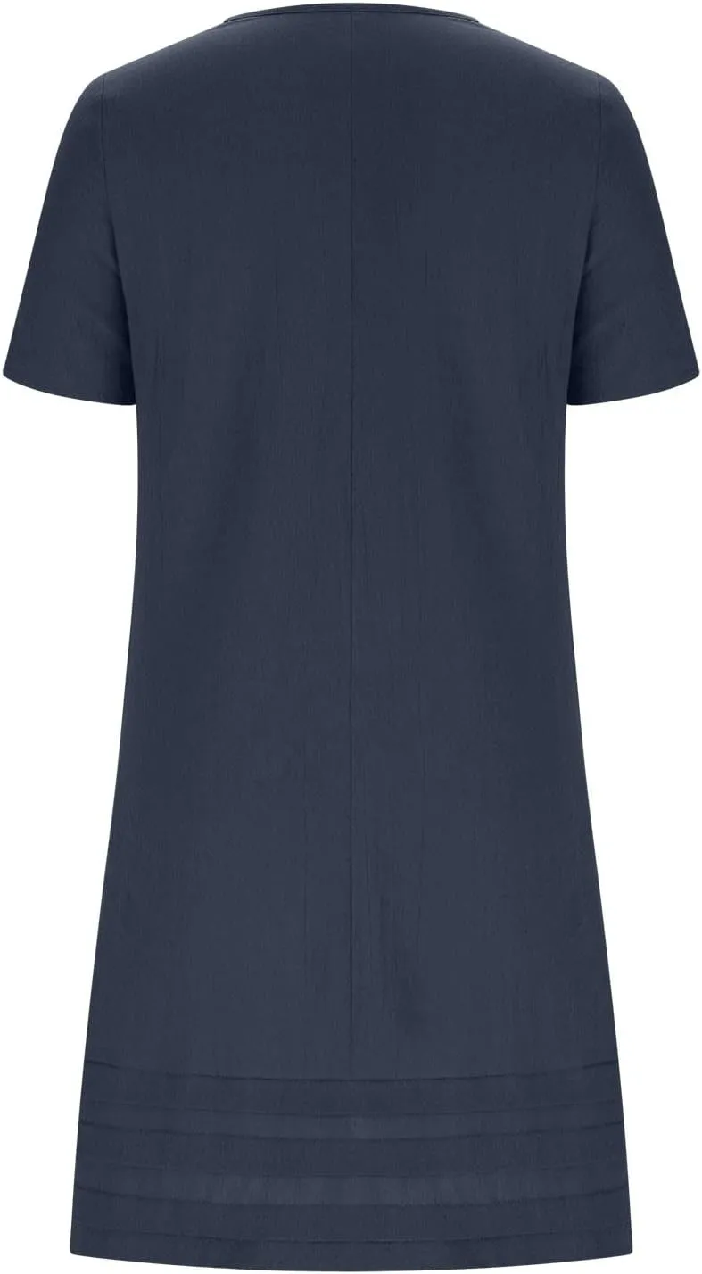 JOAU Womens Summer Cotton Linen Dress 2025 Trendy Short Sleeve Crew Neck Mini T Shirt Dresses Casual Tiered Pleated Hem Dress