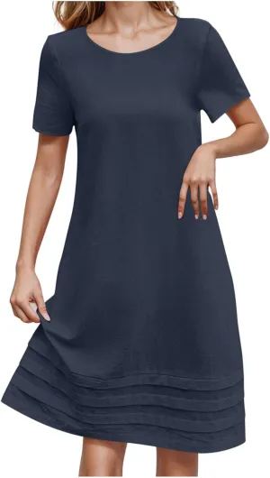 JOAU Womens Summer Cotton Linen Dress 2025 Trendy Short Sleeve Crew Neck Mini T Shirt Dresses Casual Tiered Pleated Hem Dress