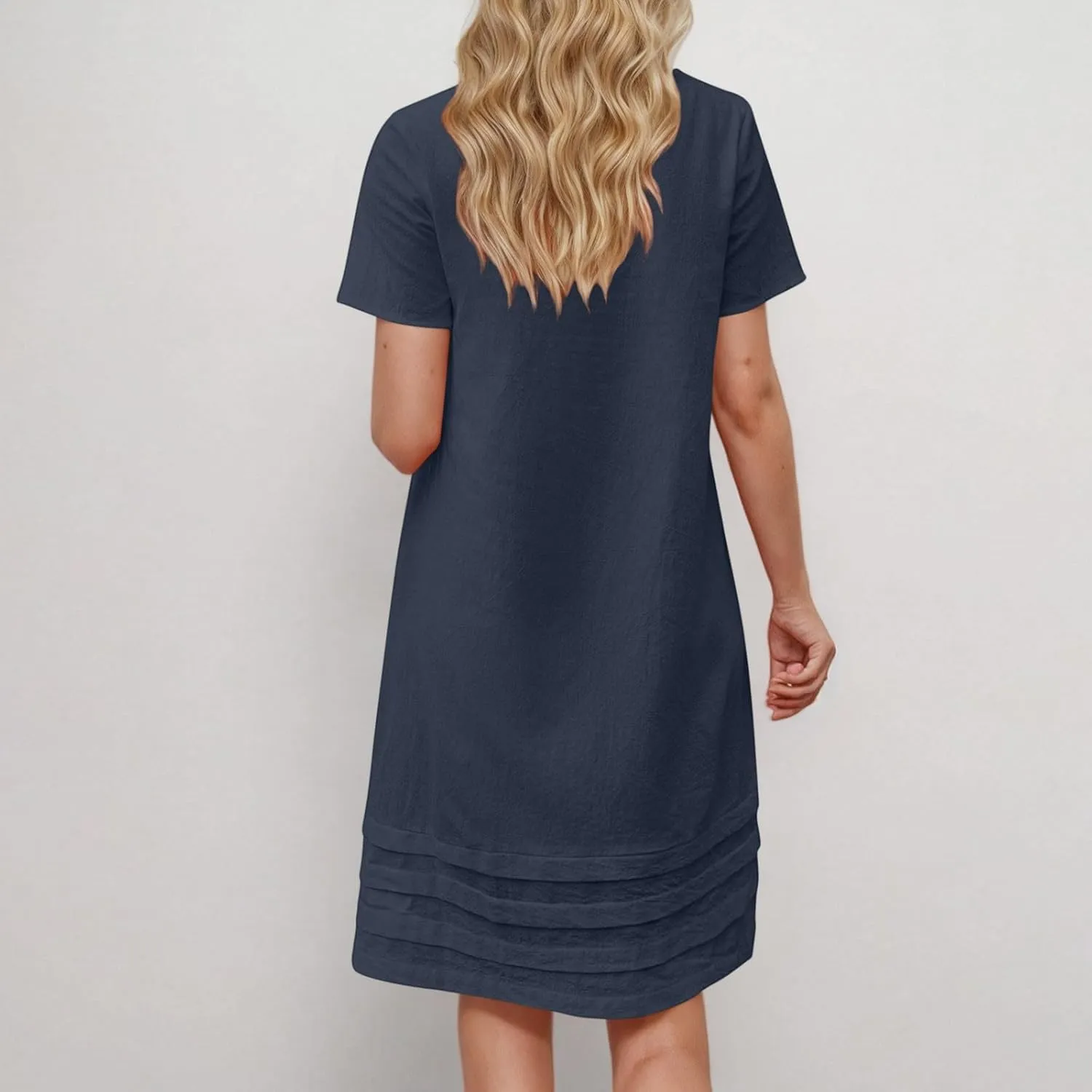 JOAU Womens Summer Cotton Linen Dress 2025 Trendy Short Sleeve Crew Neck Mini T Shirt Dresses Casual Tiered Pleated Hem Dress