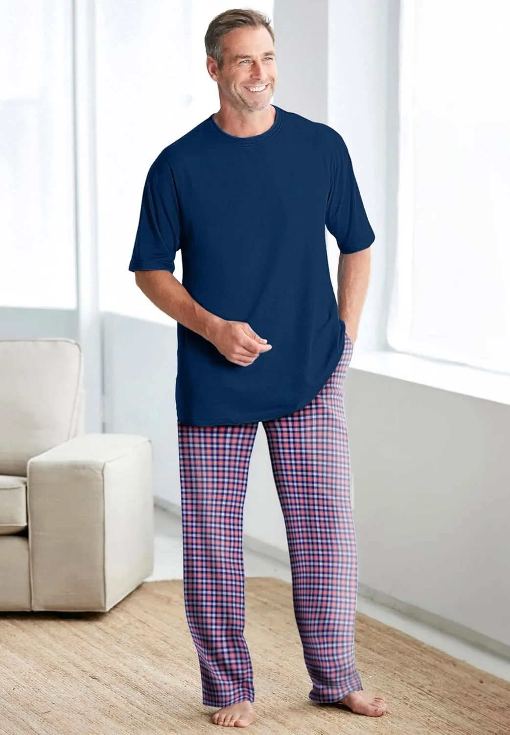 KingSize Men's Big & Tall Jersey Knit Plaid Pajama Set