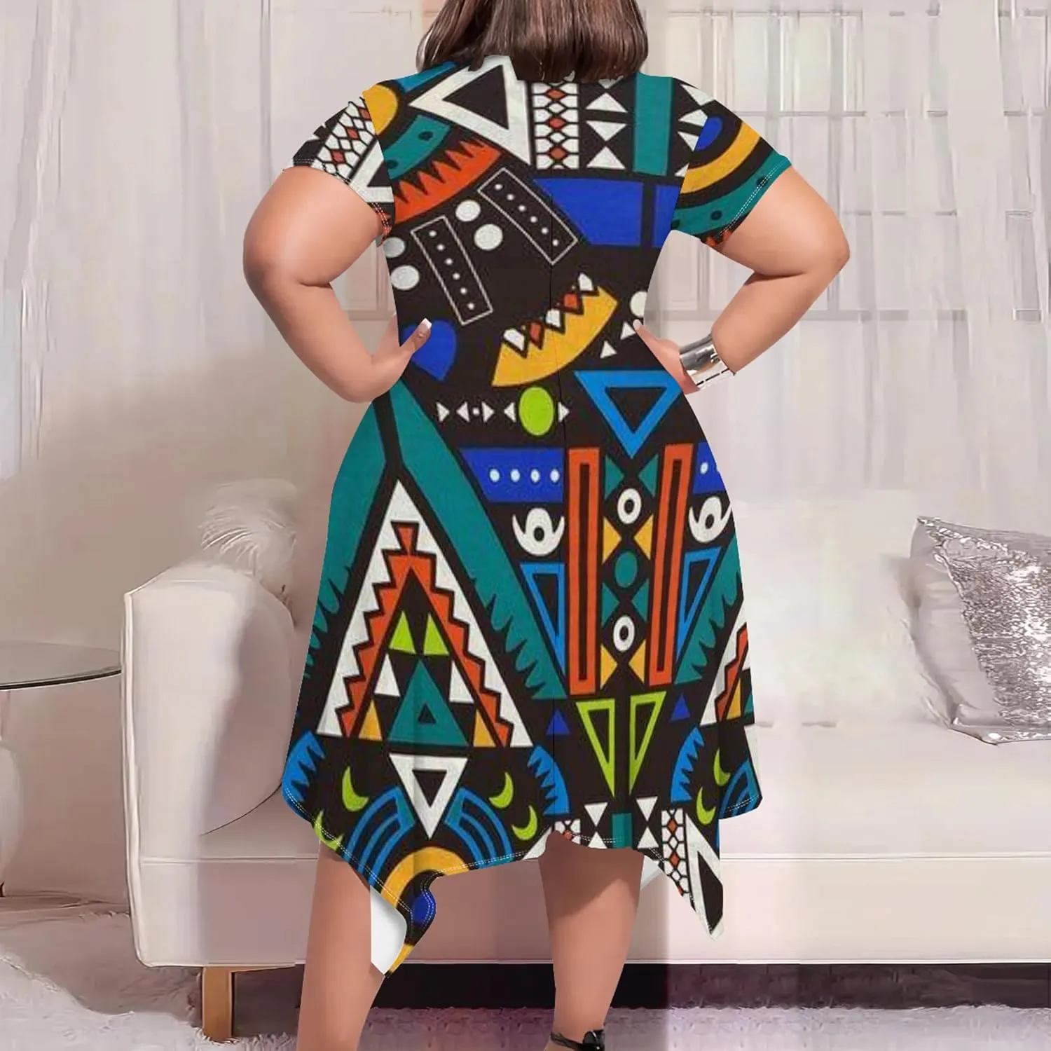 Large Size Curve Slim Tshirt Dress Plus Size Short Sleeve Midi Dress African Tribal Print Dress with Pockets