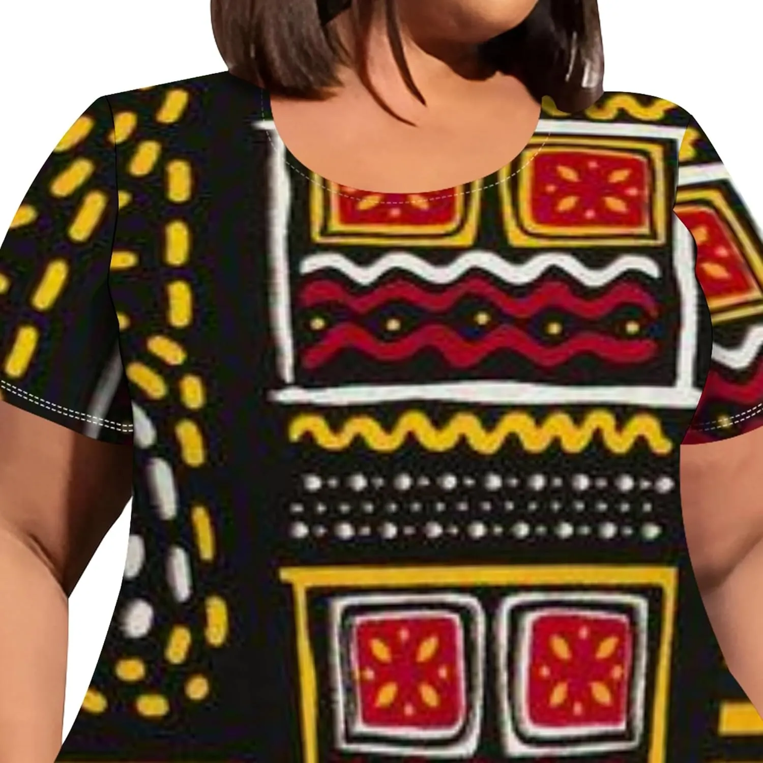 Large Size Curve Slim Tshirt Dress Plus Size Short Sleeve Midi Dress African Tribal Print Dress with Pockets