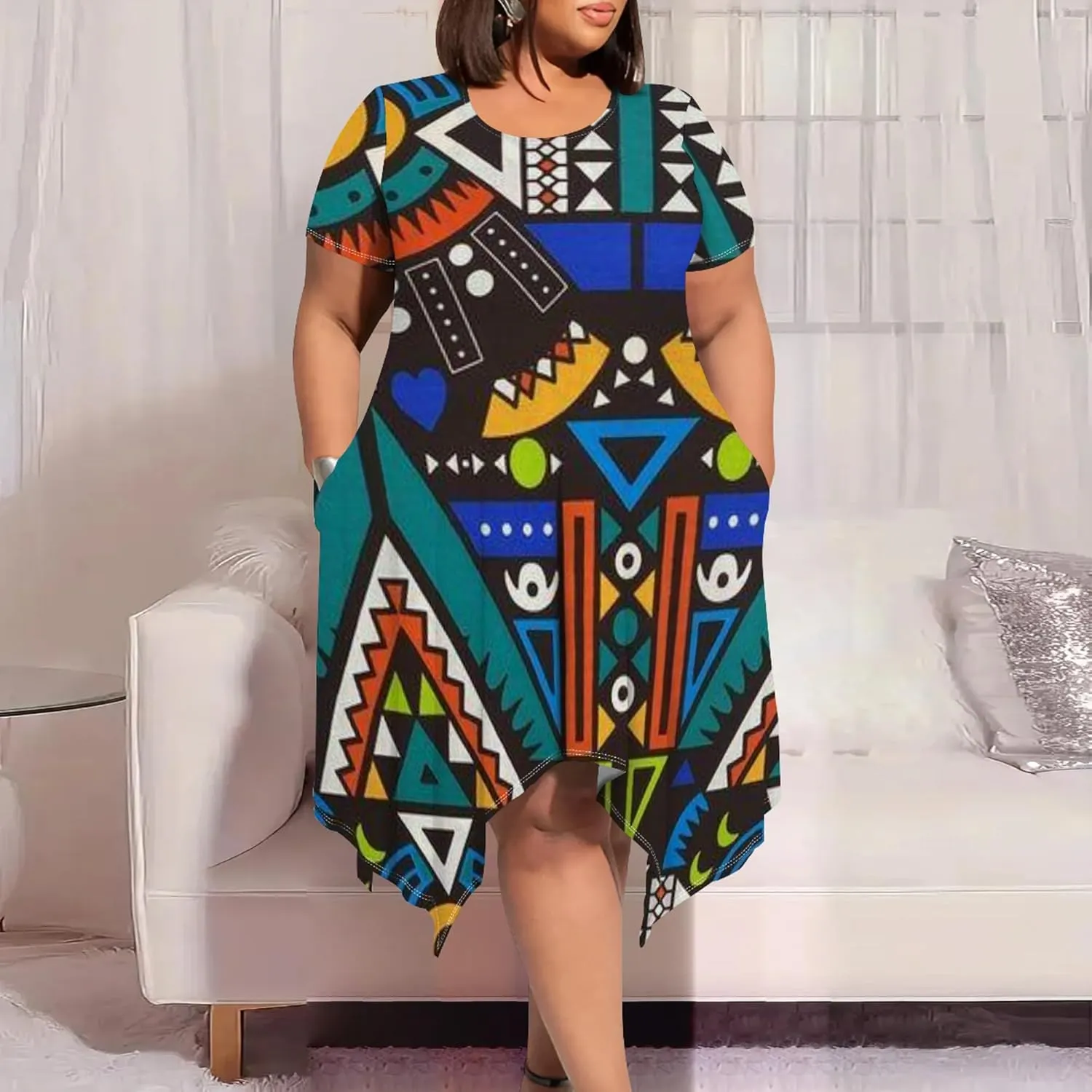 Large Size Curve Slim Tshirt Dress Plus Size Short Sleeve Midi Dress African Tribal Print Dress with Pockets