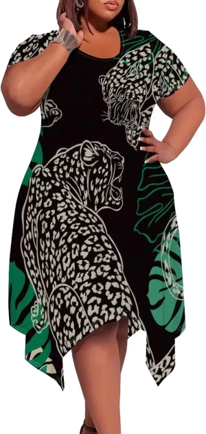 Large Size Curve Slim Tshirt Dress Plus Size Short Sleeve Midi Dress African Tribal Print Dress with Pockets