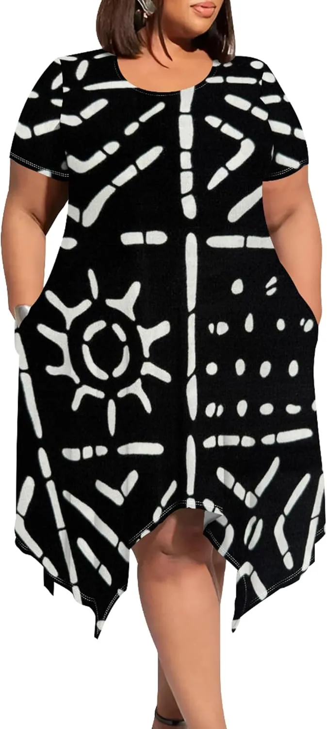 Large Size Curve Slim Tshirt Dress Plus Size Short Sleeve Midi Dress African Tribal Print Dress with Pockets