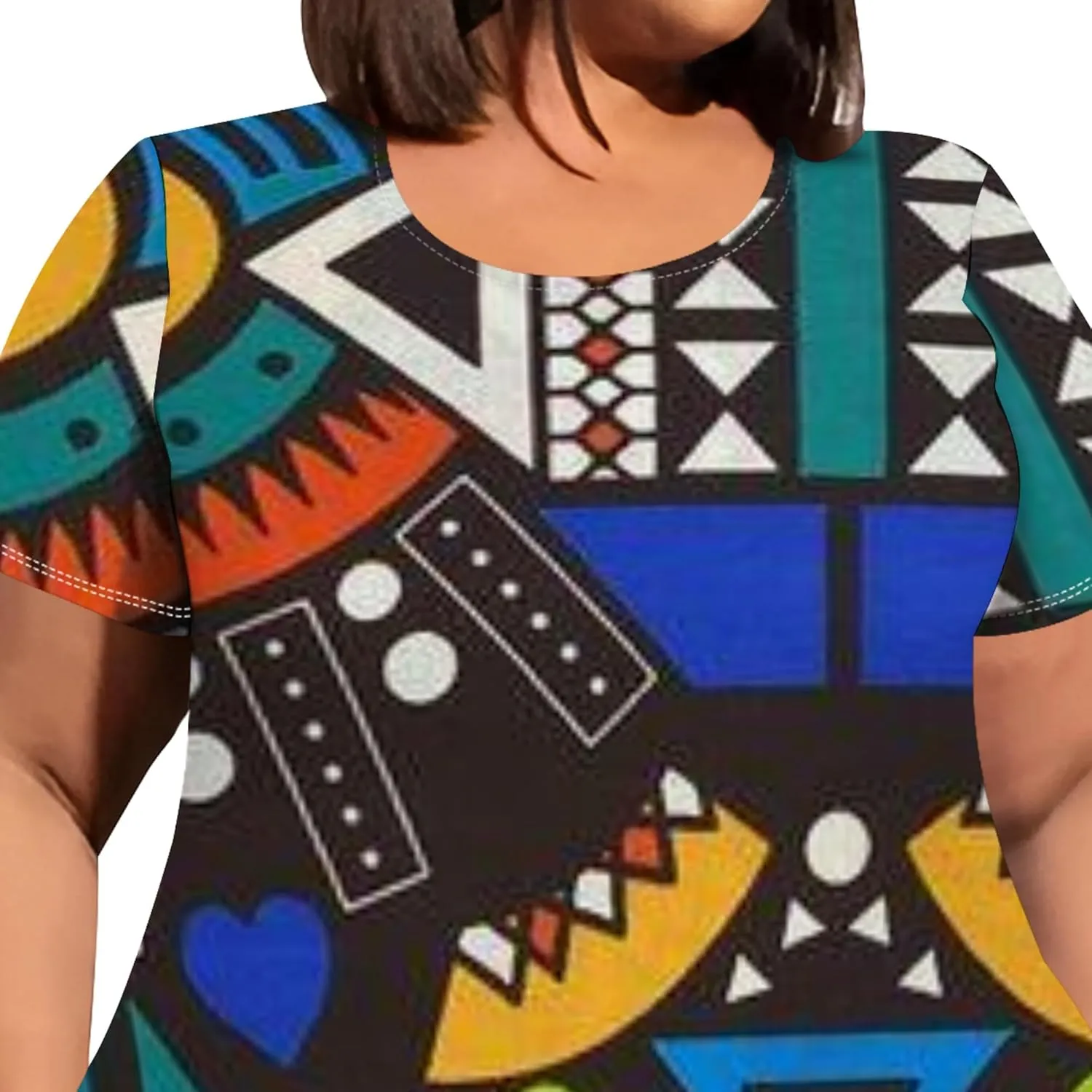 Large Size Curve Slim Tshirt Dress Plus Size Short Sleeve Midi Dress African Tribal Print Dress with Pockets