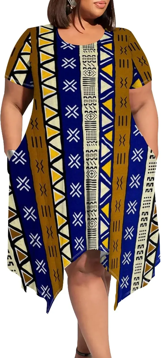 Large Size Curve Slim Tshirt Dress Plus Size Short Sleeve Midi Dress African Tribal Print Dress with Pockets