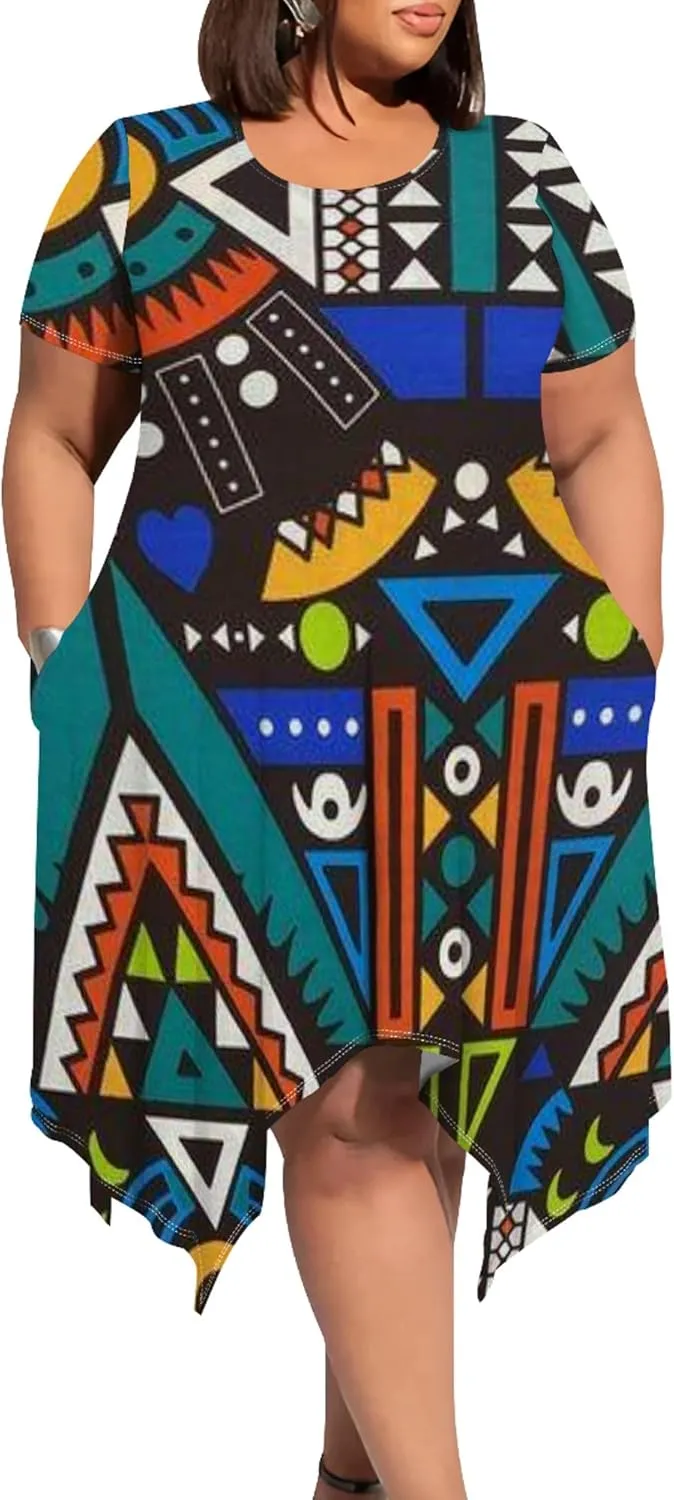 Large Size Curve Slim Tshirt Dress Plus Size Short Sleeve Midi Dress African Tribal Print Dress with Pockets