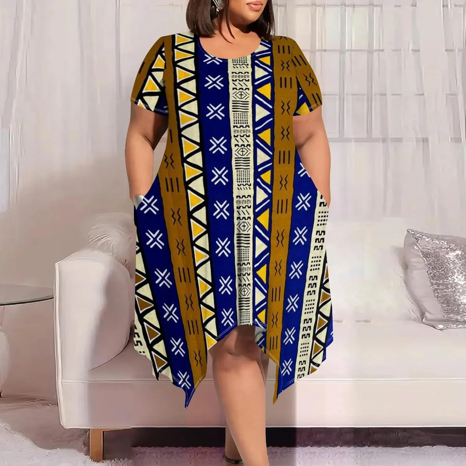 Large Size Curve Slim Tshirt Dress Plus Size Short Sleeve Midi Dress African Tribal Print Dress with Pockets