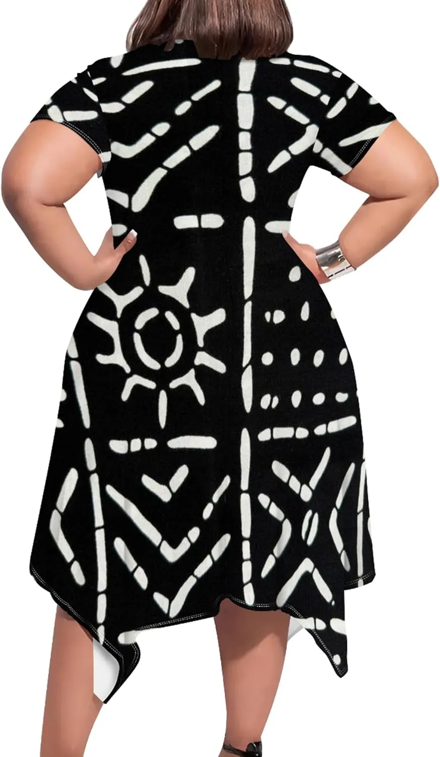 Large Size Curve Slim Tshirt Dress Plus Size Short Sleeve Midi Dress African Tribal Print Dress with Pockets