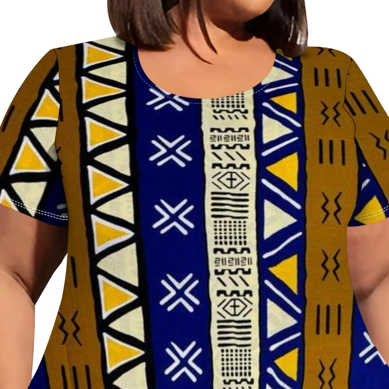 Large Size Curve Slim Tshirt Dress Plus Size Short Sleeve Midi Dress African Tribal Print Dress with Pockets