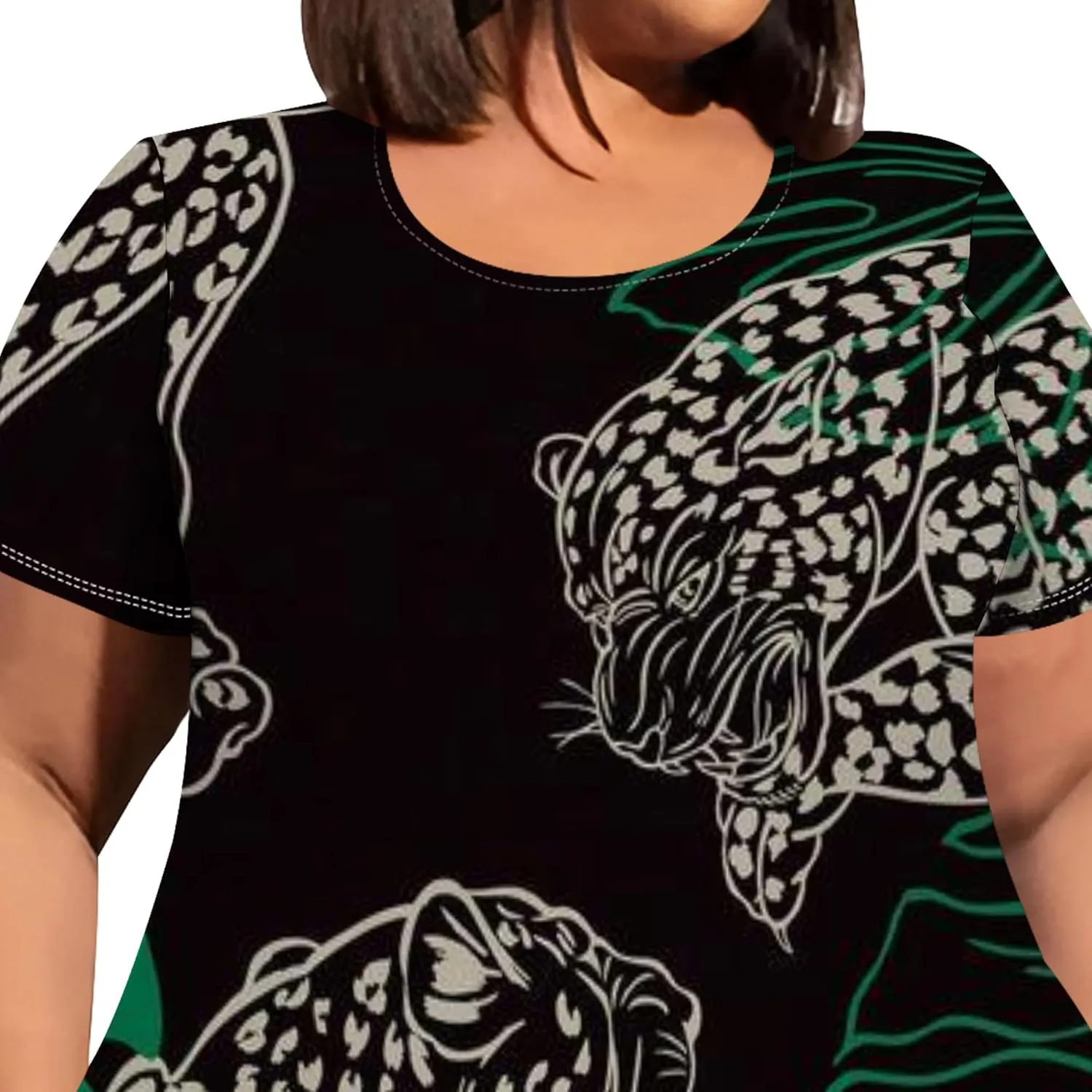 Large Size Curve Slim Tshirt Dress Plus Size Short Sleeve Midi Dress African Tribal Print Dress with Pockets