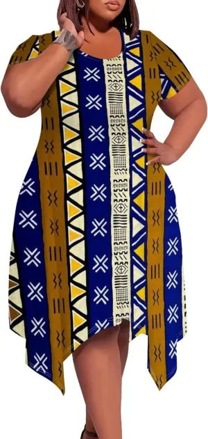 Large Size Curve Slim Tshirt Dress Plus Size Short Sleeve Midi Dress African Tribal Print Dress with Pockets