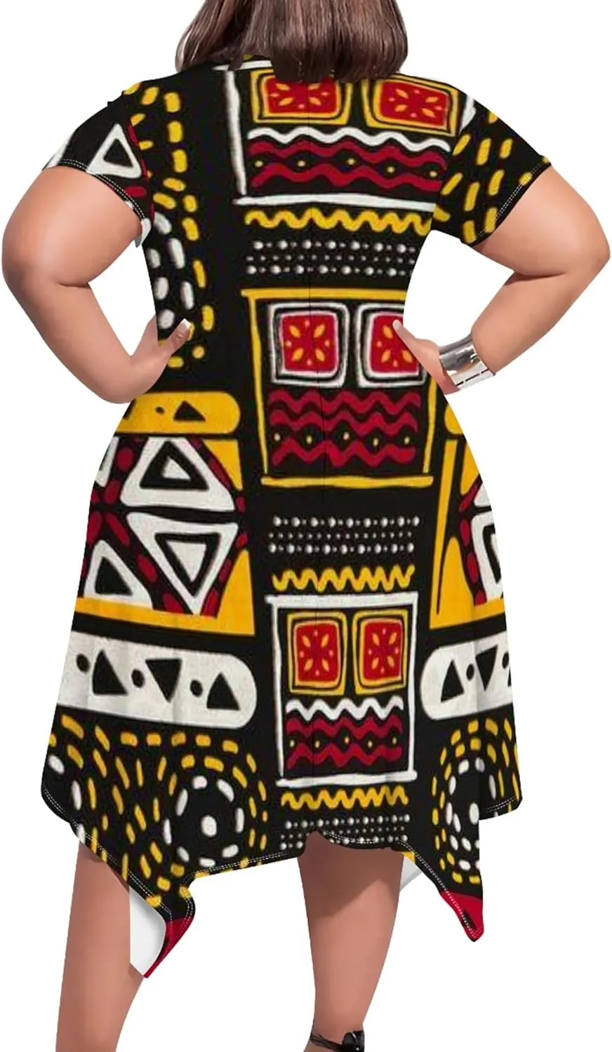 Large Size Curve Slim Tshirt Dress Plus Size Short Sleeve Midi Dress African Tribal Print Dress with Pockets