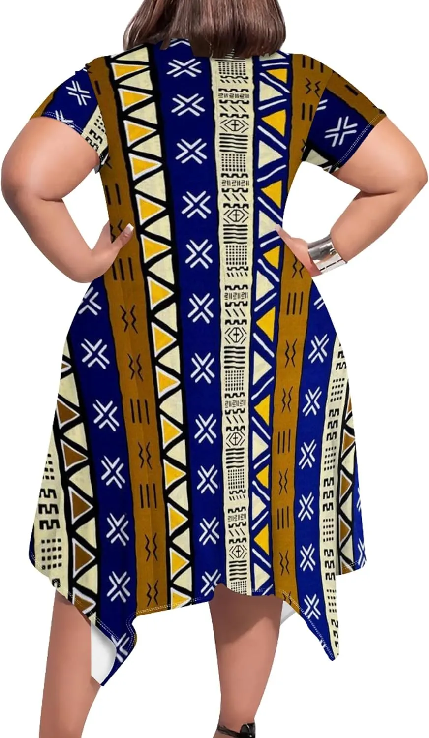 Large Size Curve Slim Tshirt Dress Plus Size Short Sleeve Midi Dress African Tribal Print Dress with Pockets