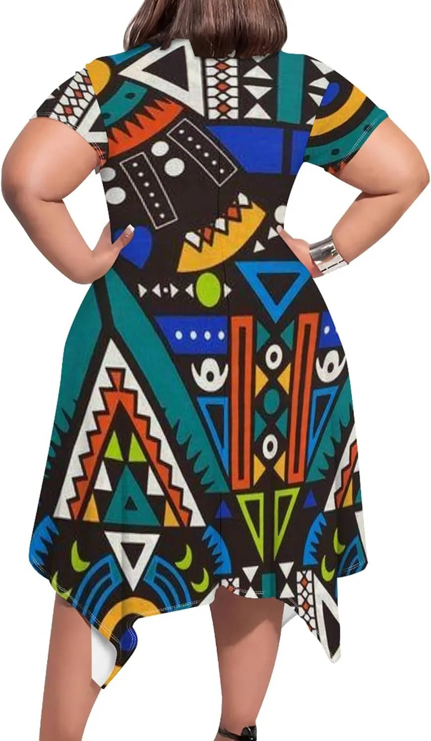 Large Size Curve Slim Tshirt Dress Plus Size Short Sleeve Midi Dress African Tribal Print Dress with Pockets