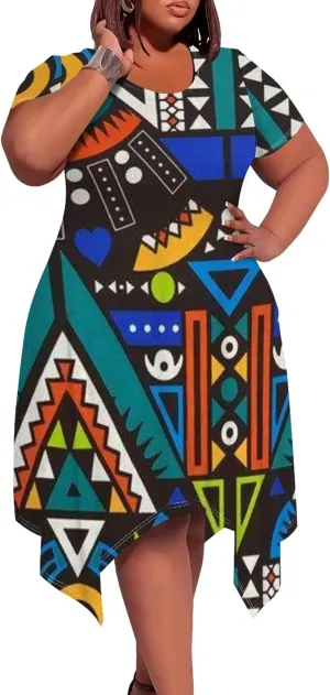 Large Size Curve Slim Tshirt Dress Plus Size Short Sleeve Midi Dress African Tribal Print Dress with Pockets
