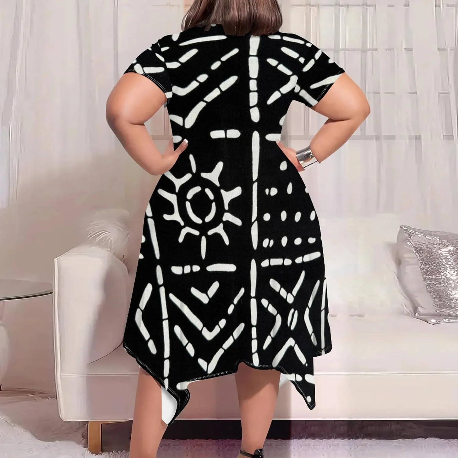 Large Size Curve Slim Tshirt Dress Plus Size Short Sleeve Midi Dress African Tribal Print Dress with Pockets