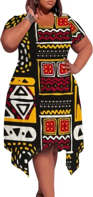 Large Size Curve Slim Tshirt Dress Plus Size Short Sleeve Midi Dress African Tribal Print Dress with Pockets