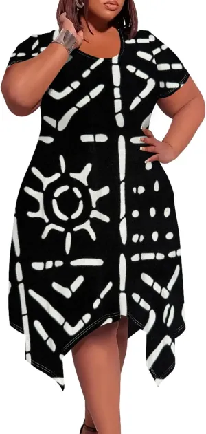Large Size Curve Slim Tshirt Dress Plus Size Short Sleeve Midi Dress African Tribal Print Dress with Pockets