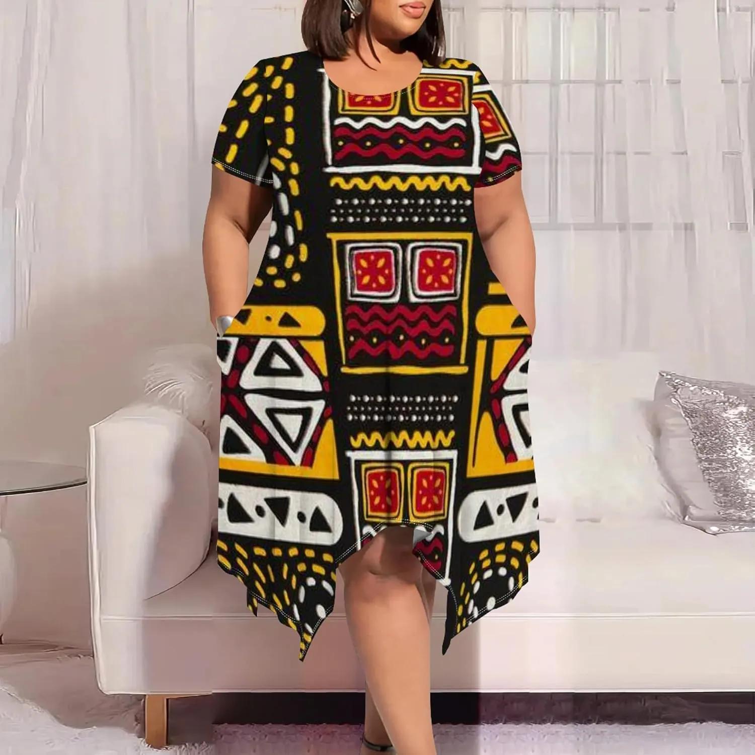 Large Size Curve Slim Tshirt Dress Plus Size Short Sleeve Midi Dress African Tribal Print Dress with Pockets