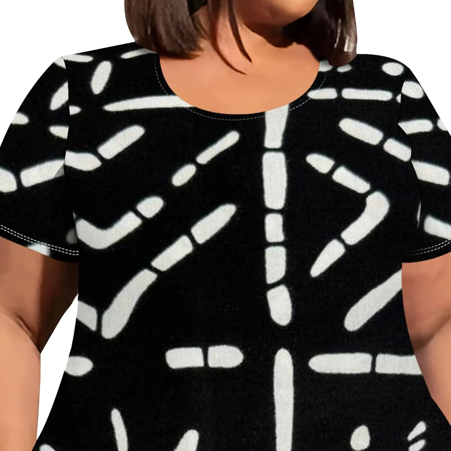 Large Size Curve Slim Tshirt Dress Plus Size Short Sleeve Midi Dress African Tribal Print Dress with Pockets