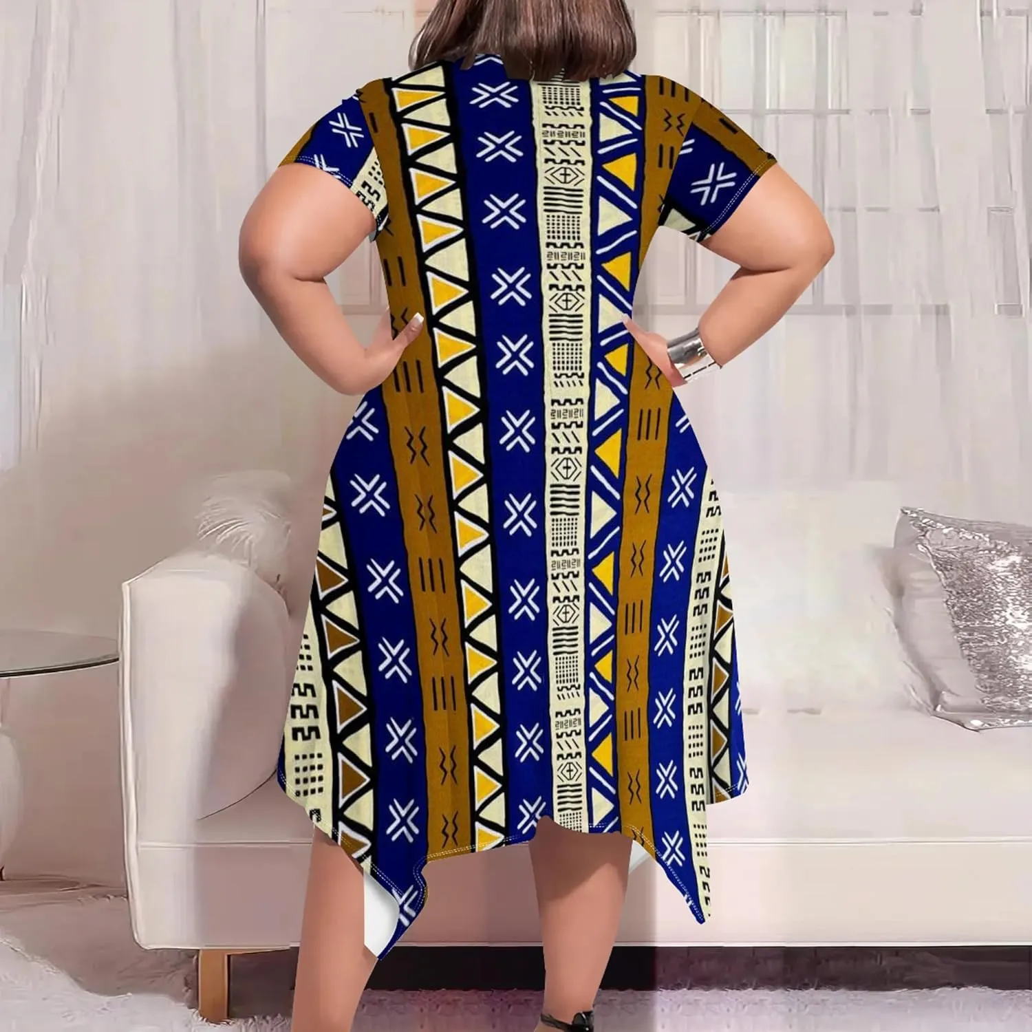Large Size Curve Slim Tshirt Dress Plus Size Short Sleeve Midi Dress African Tribal Print Dress with Pockets