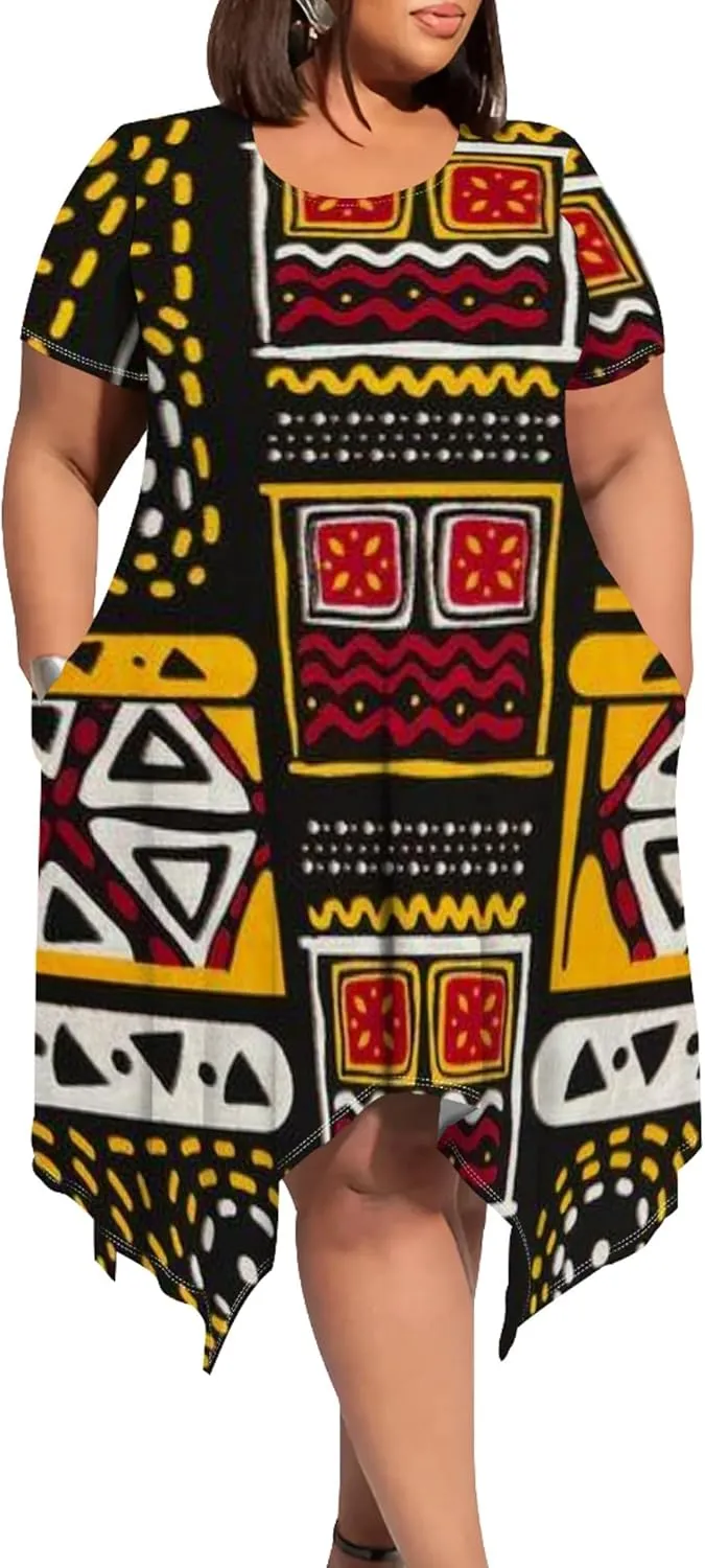Large Size Curve Slim Tshirt Dress Plus Size Short Sleeve Midi Dress African Tribal Print Dress with Pockets