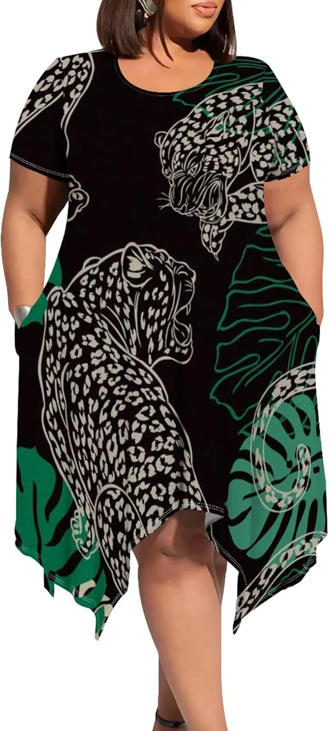 Large Size Curve Slim Tshirt Dress Plus Size Short Sleeve Midi Dress African Tribal Print Dress with Pockets