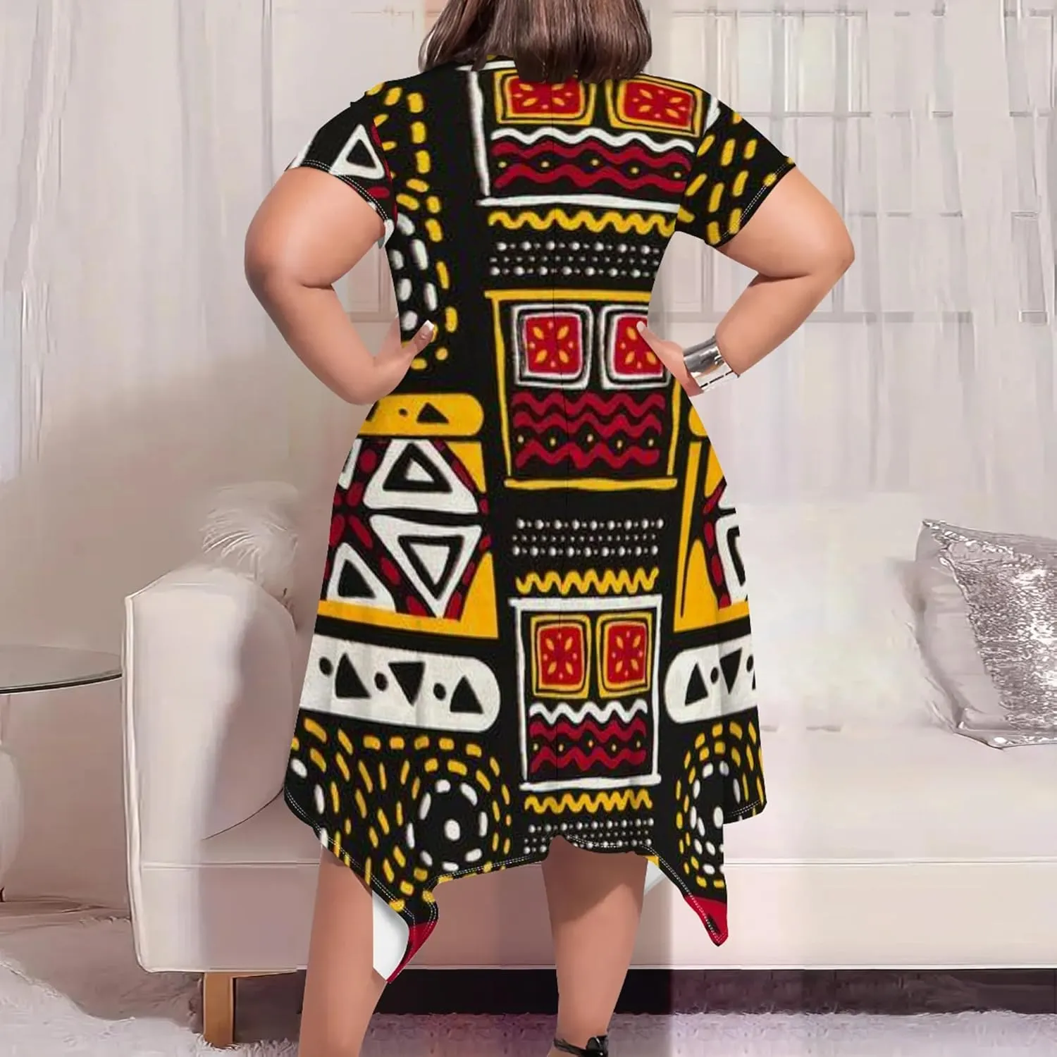 Large Size Curve Slim Tshirt Dress Plus Size Short Sleeve Midi Dress African Tribal Print Dress with Pockets
