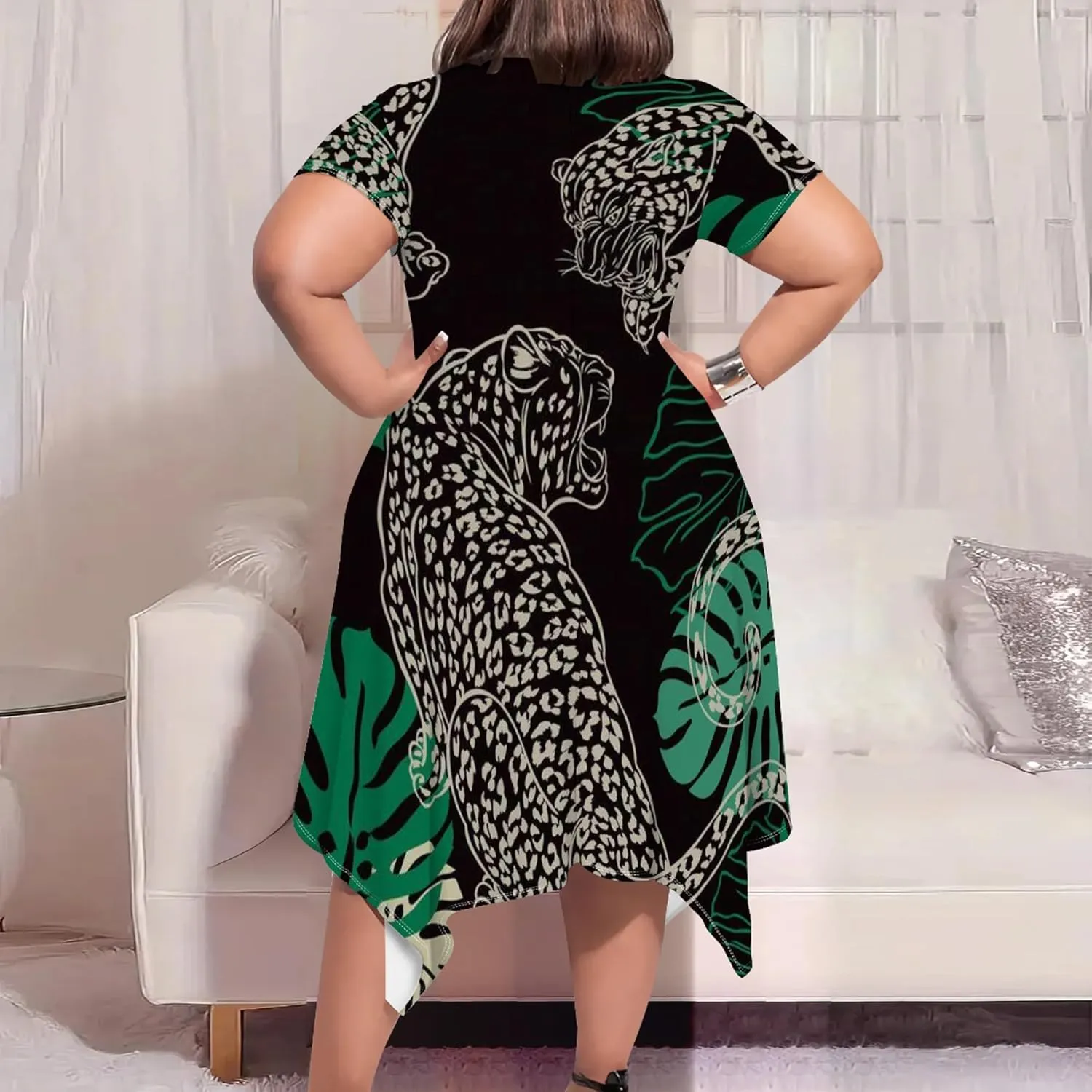 Large Size Curve Slim Tshirt Dress Plus Size Short Sleeve Midi Dress African Tribal Print Dress with Pockets
