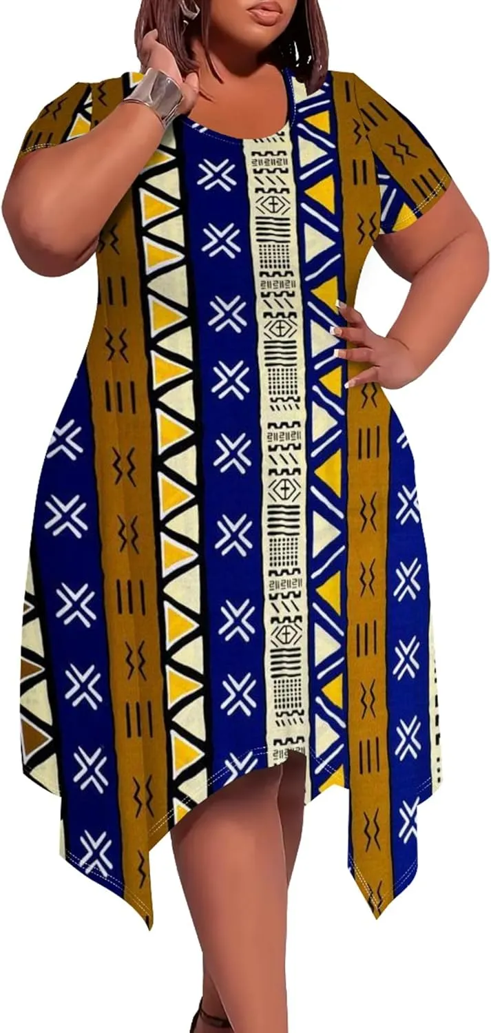 Large Size Curve Slim Tshirt Dress Plus Size Short Sleeve Midi Dress African Tribal Print Dress with Pockets