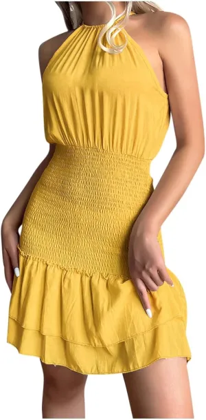 LIUguoo Womens Casual Halter Neck Sleeveless Mini Dress Summer Solid Tiered Smocked Party Dresses Ruffle Beach Sundress Yellow