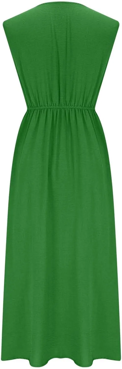 Lmdudan Women 2025 Summer Dress Tie Front Casual Work Dress Sleeveless Elegant Party Cocktail A-Line Flowy Midi Dresses