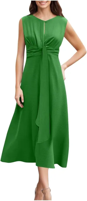 Lmdudan Women 2025 Summer Dress Tie Front Casual Work Dress Sleeveless Elegant Party Cocktail A-Line Flowy Midi Dresses