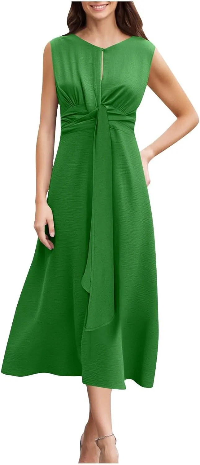 Lmdudan Women 2025 Summer Dress Tie Front Casual Work Dress Sleeveless Elegant Party Cocktail A-Line Flowy Midi Dresses