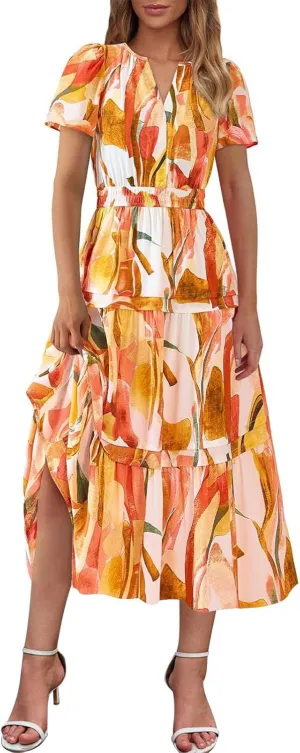 Long Flowy Dresses for Women Fashion Floral Printed Summer Beach Vacation Maxi Dress Casual V Neck Pleated Sundress
