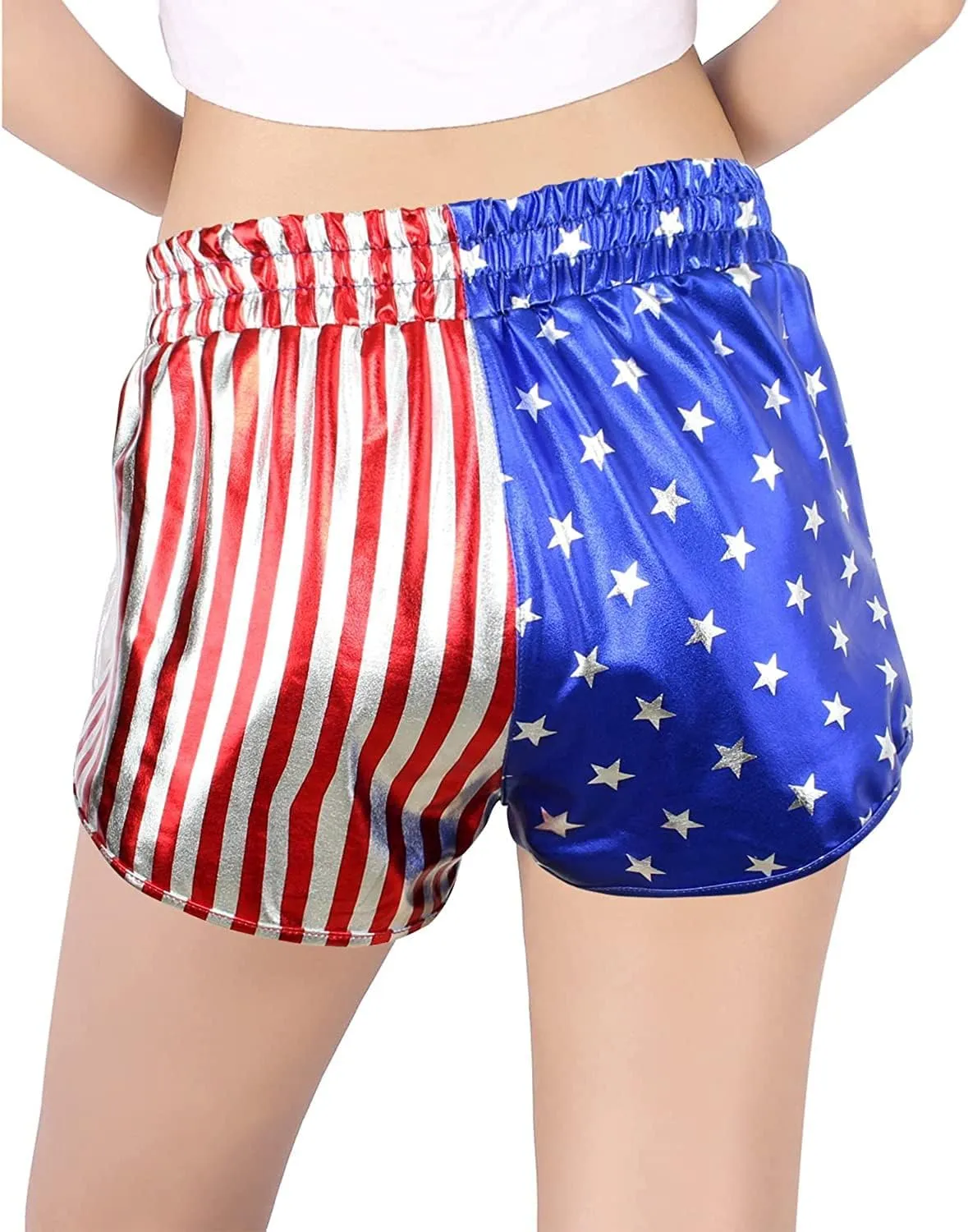 MAKARTHY Women's Metallic Shorts Elastic Waist Shiny Sparkly Rave Pants