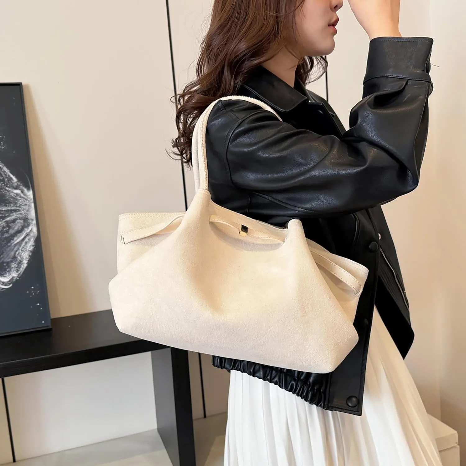 Makukke Suede Tote Bag for Women, Suede Bag Hobo Handbag Women Large Vintage Shoulder Bag Purse for Work Office Travel