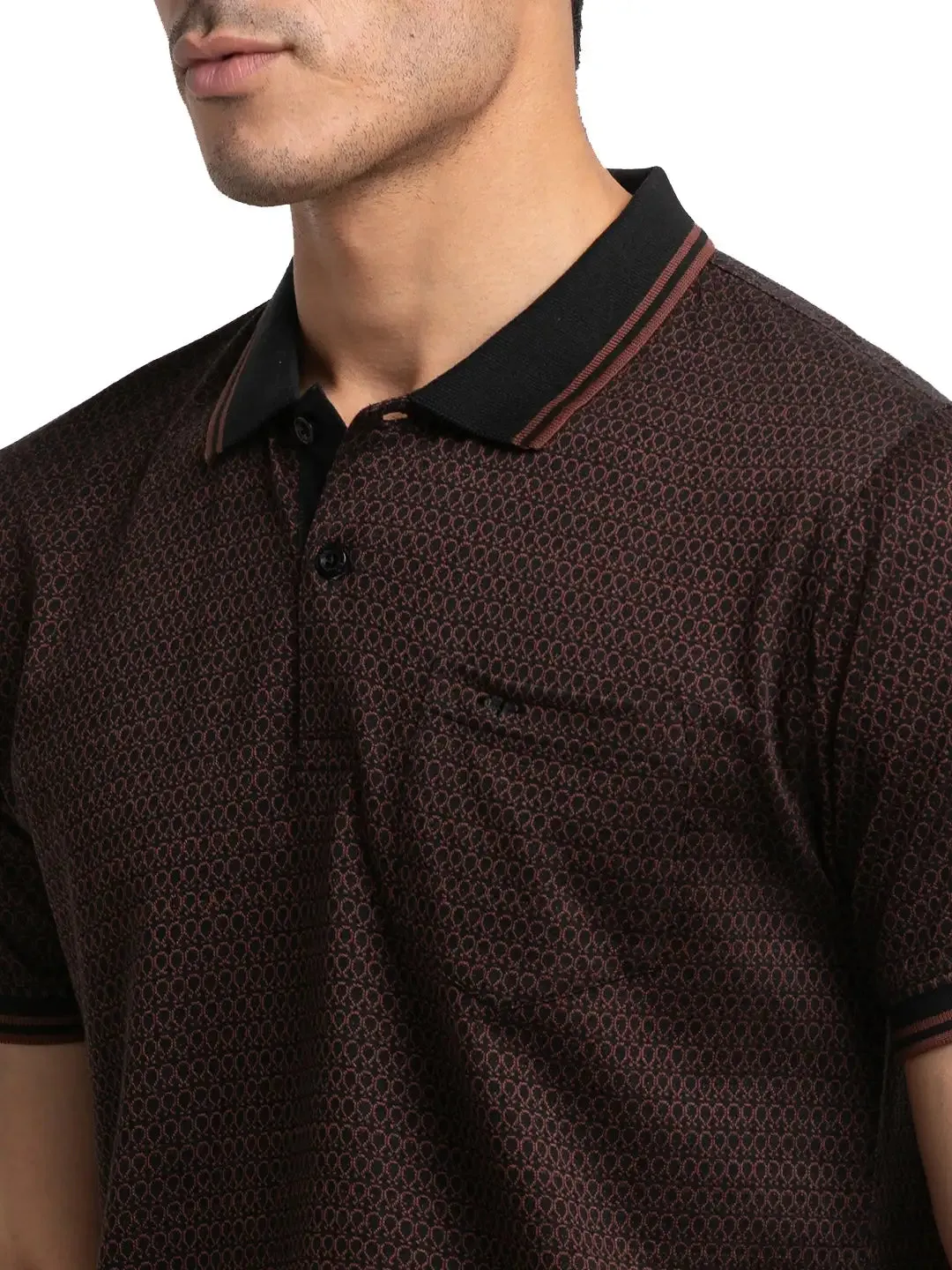 Men Black Tailored Fit Jacquard Cotton Half Sleeve T-Shirt