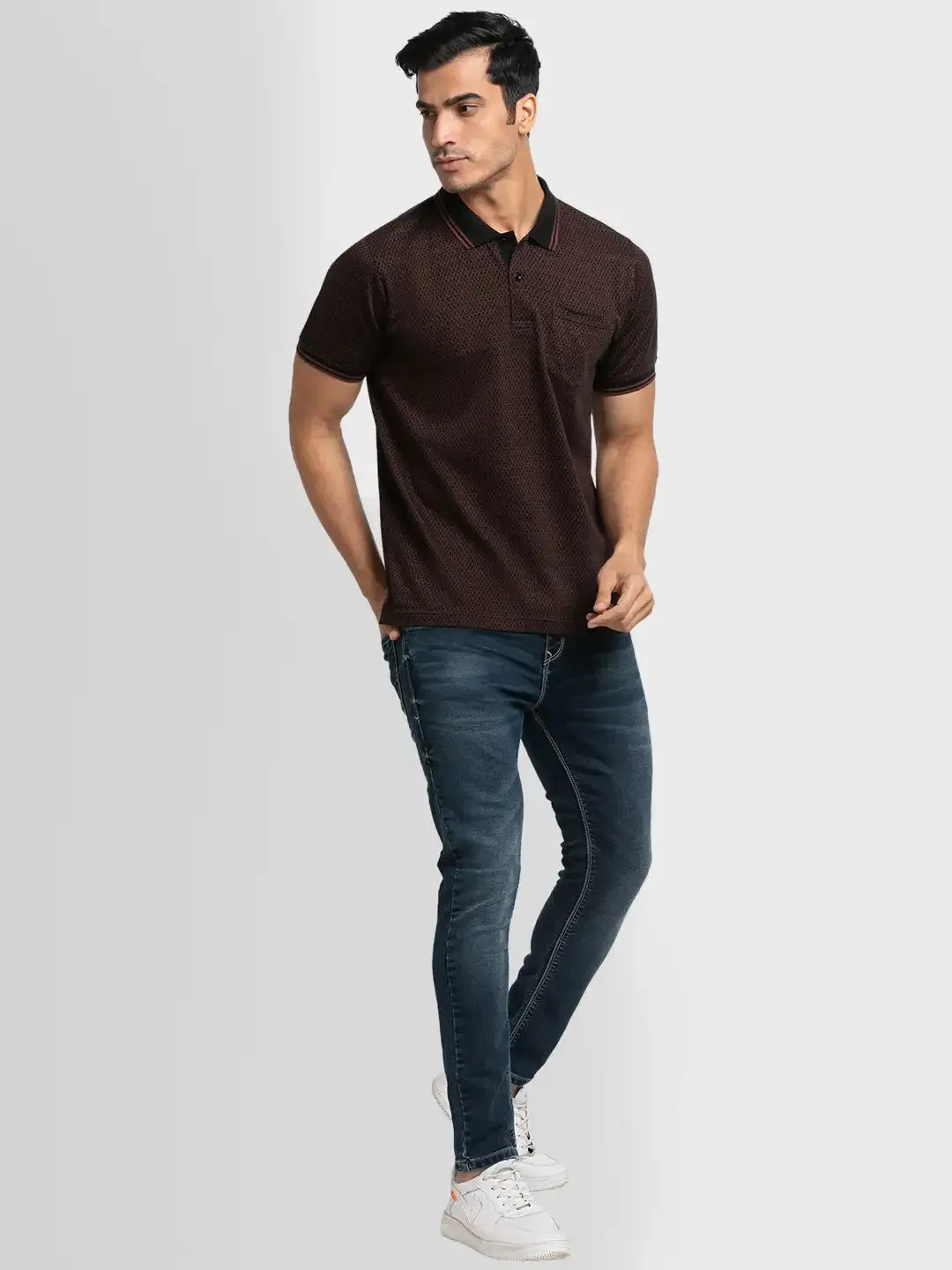 Men Black Tailored Fit Jacquard Cotton Half Sleeve T-Shirt