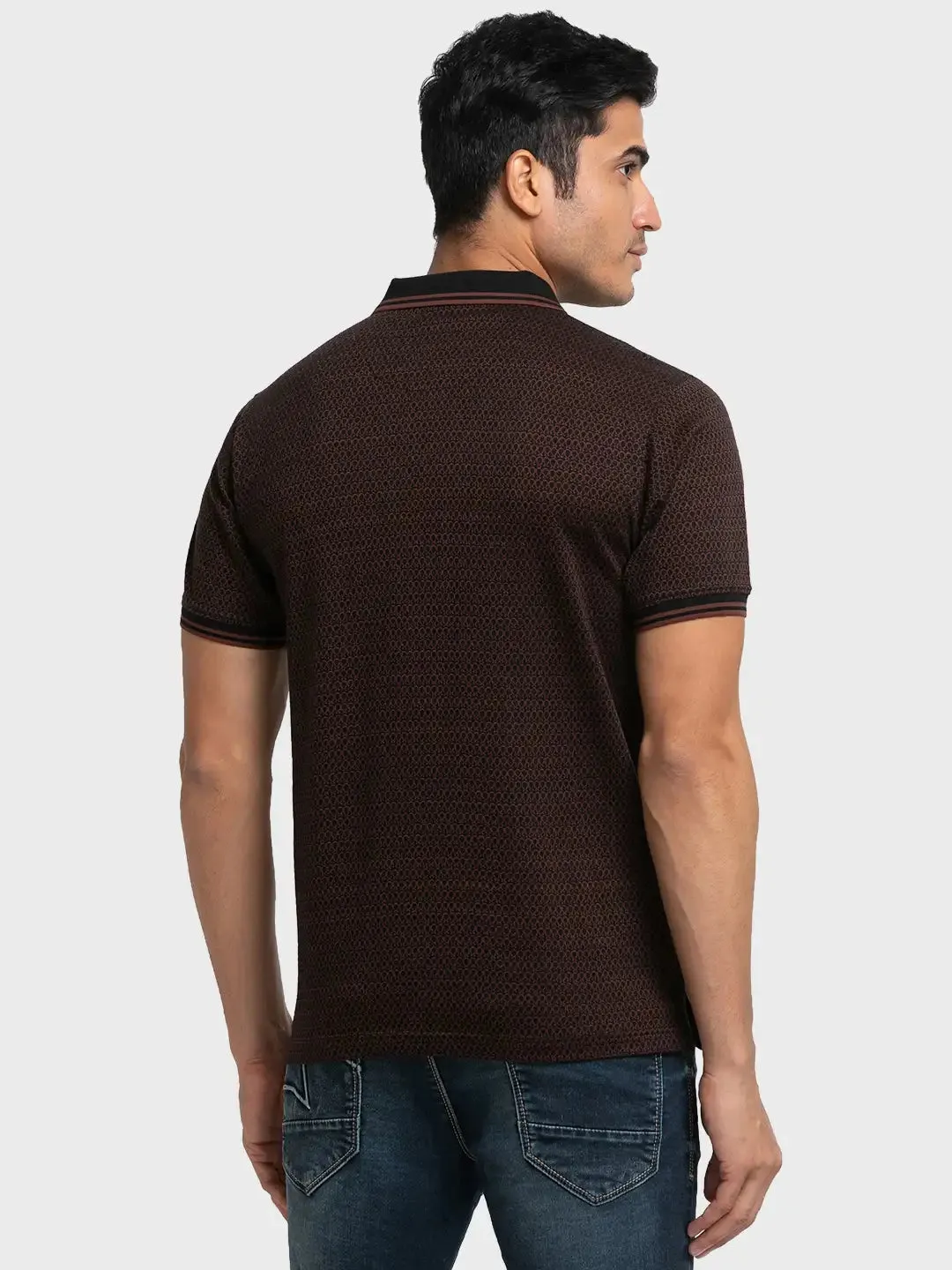 Men Black Tailored Fit Jacquard Cotton Half Sleeve T-Shirt