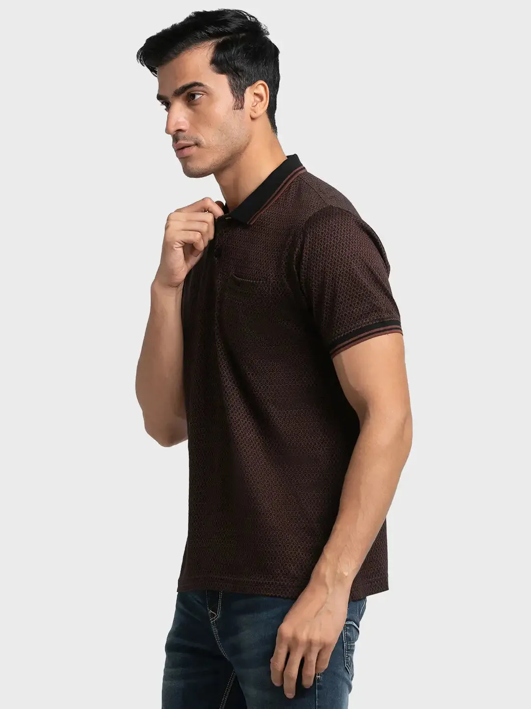 Men Black Tailored Fit Jacquard Cotton Half Sleeve T-Shirt