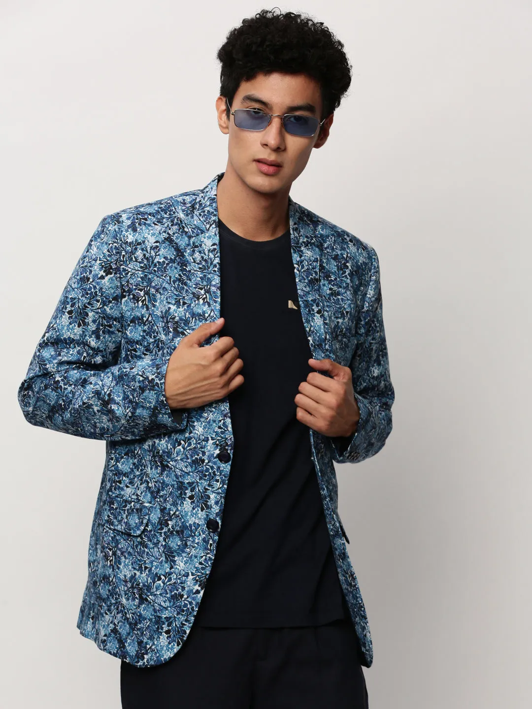 Men Blue Floral Printed Slim-Fit Single Cotton Breasted Blazer