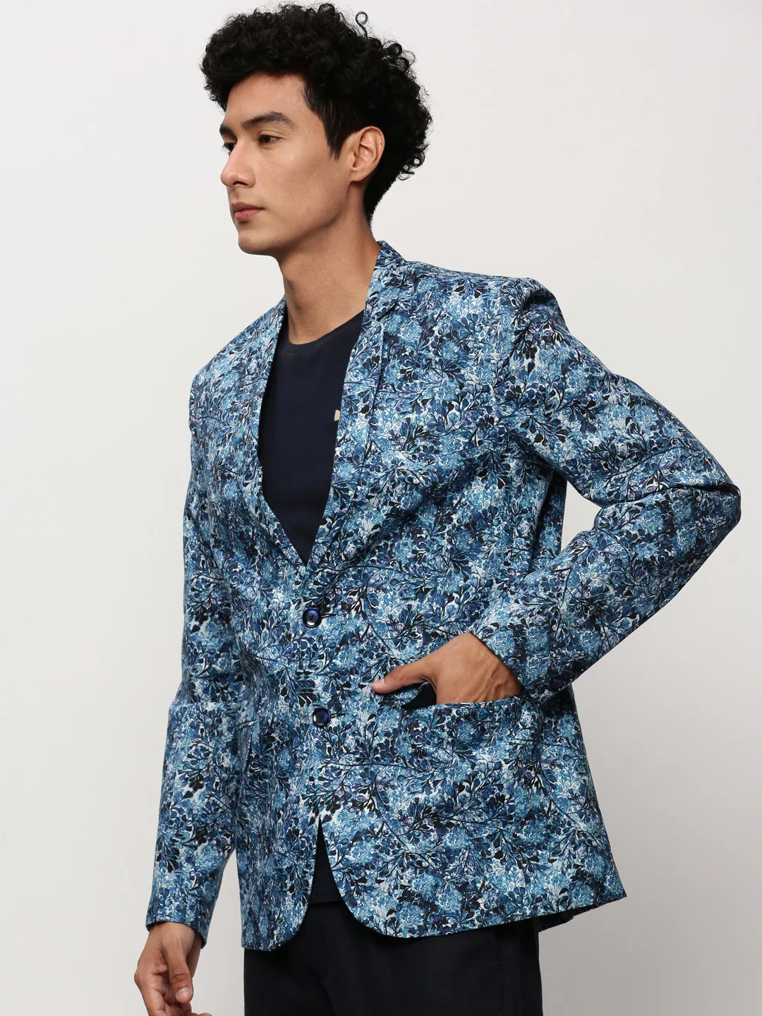 Men Blue Floral Printed Slim-Fit Single Cotton Breasted Blazer