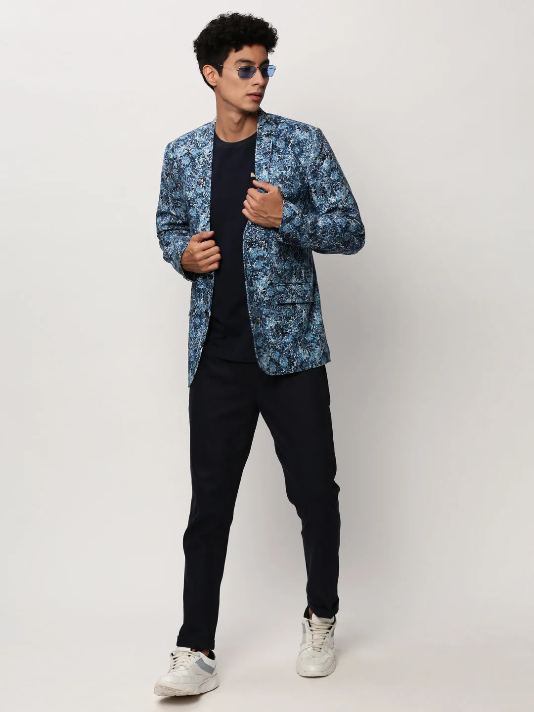 Men Blue Floral Printed Slim-Fit Single Cotton Breasted Blazer