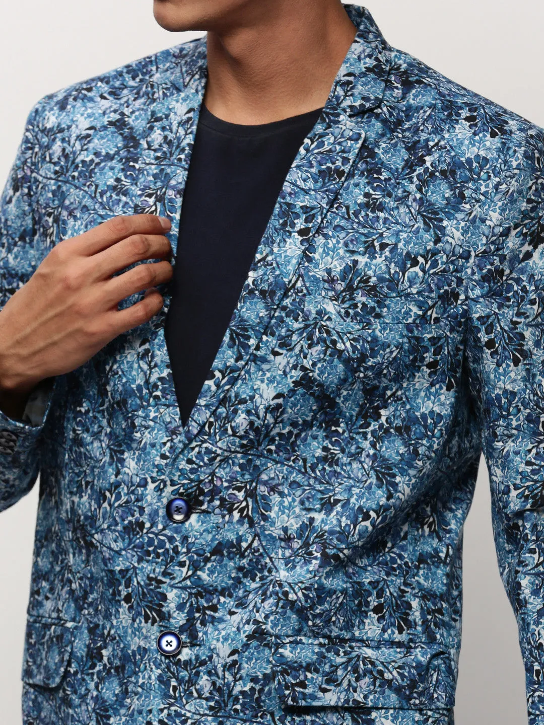 Men Blue Floral Printed Slim-Fit Single Cotton Breasted Blazer