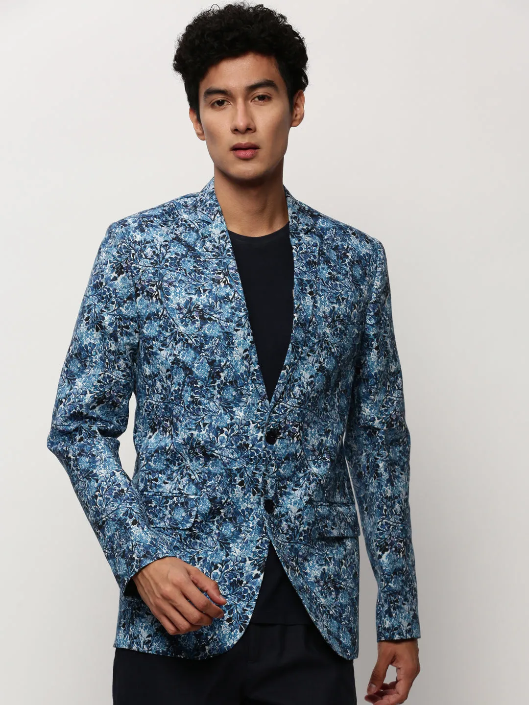 Men Blue Floral Printed Slim-Fit Single Cotton Breasted Blazer