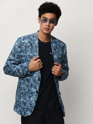 Men Blue Floral Printed Slim-Fit Single Cotton Breasted Blazer