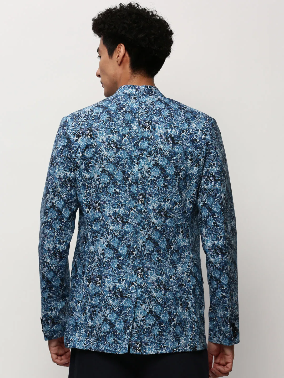 Men Blue Floral Printed Slim-Fit Single Cotton Breasted Blazer